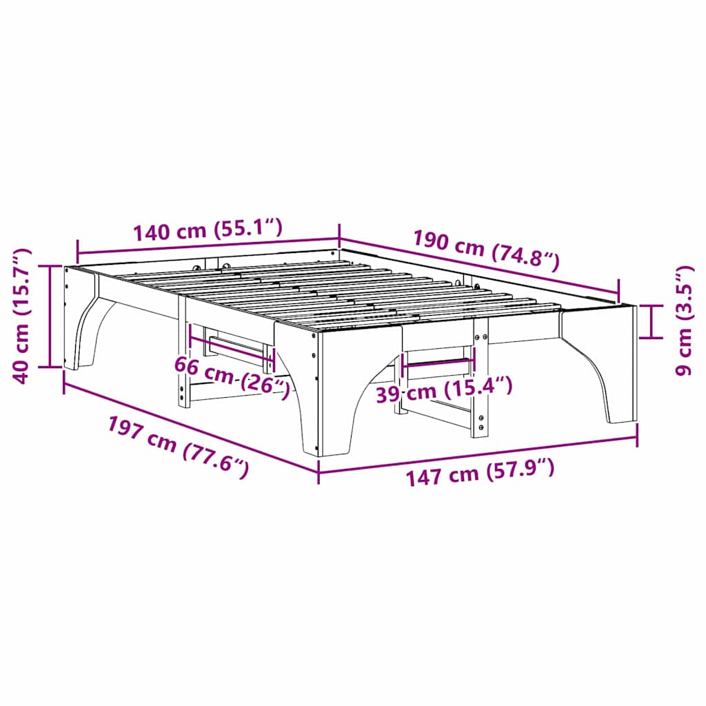 Cadre de lit surélevé Marron 140 x 190 cm Bois massif en pin - XIOS