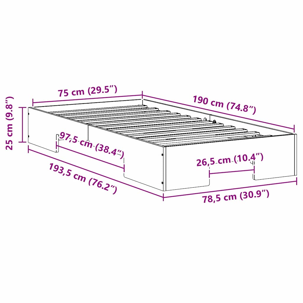 Cadre de lit surélevé Marron 75 x 190 cm Bois massif en pin - XIOS