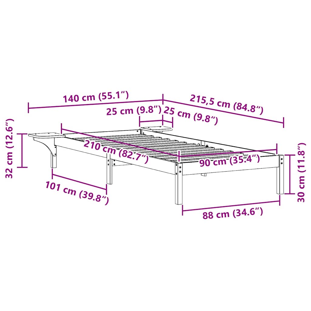 Cadre de lit avec tables de chevet Brun cire 90 x 210 cm - XIOS