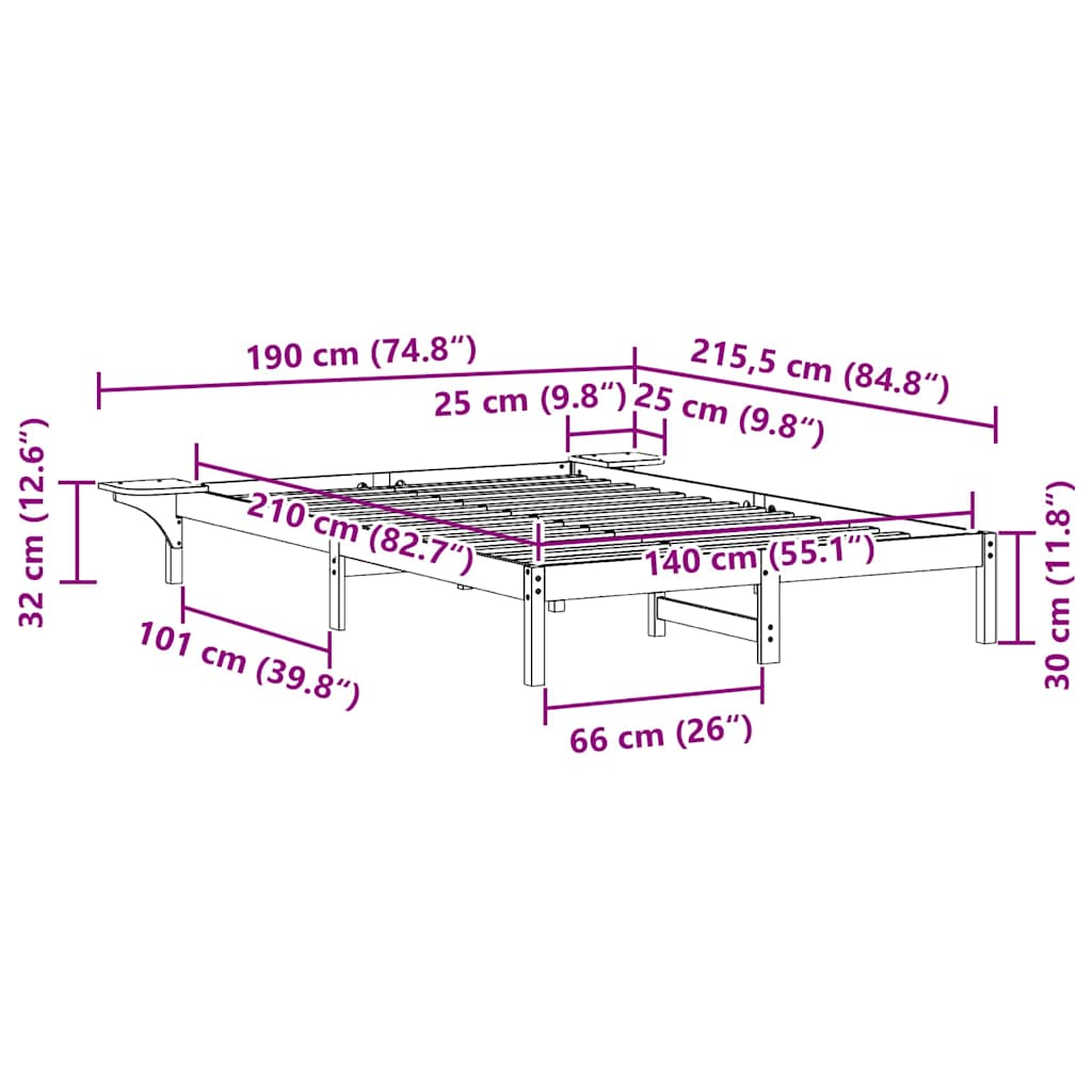 Cadre de lit avec tables de chevet Naturel 140 x 210 cm - XIOS