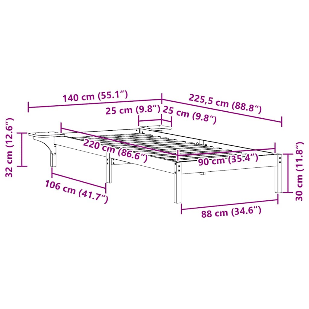 Cadre de lit avec tables de chevet Brun cire 90 x 220 cm - XIOS