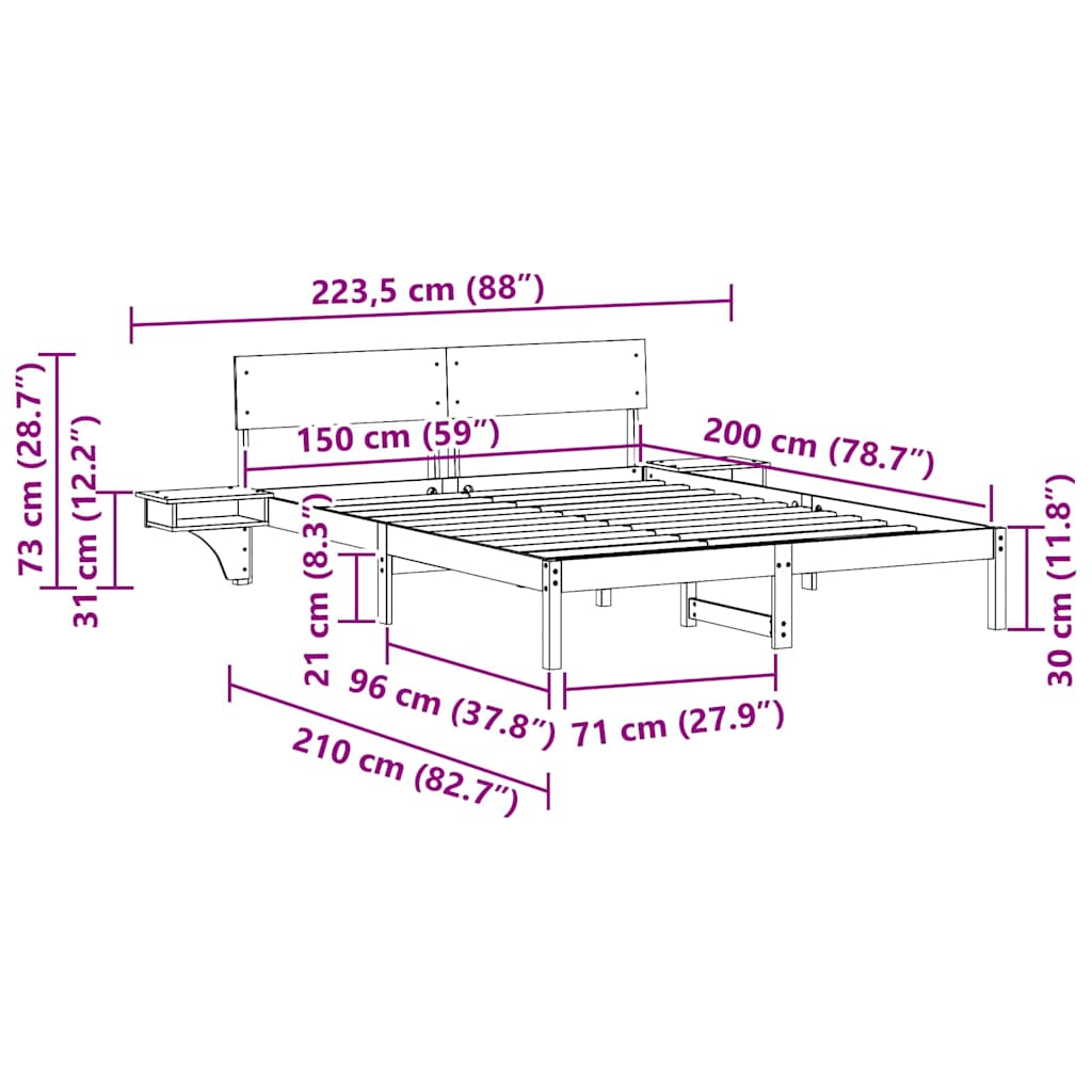 Cadre de lit avec tête de lit Brun cire 150 x 200 cm Pin massif - XIOS