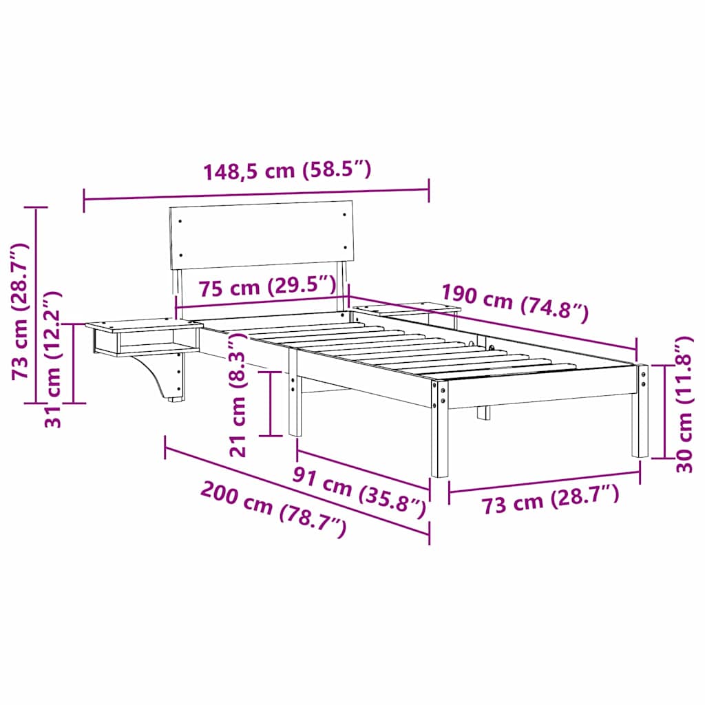 Cadre de lit avec tête de lit Brun cire 75 x 190 cm Pin massif - XIOS