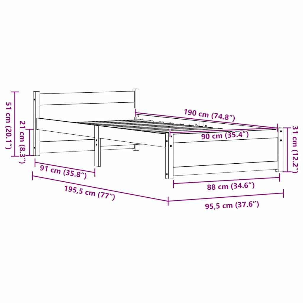 Cadre de lit Brun cire 195,5 x 95,5 x 51 cm Pin massif - XIOS