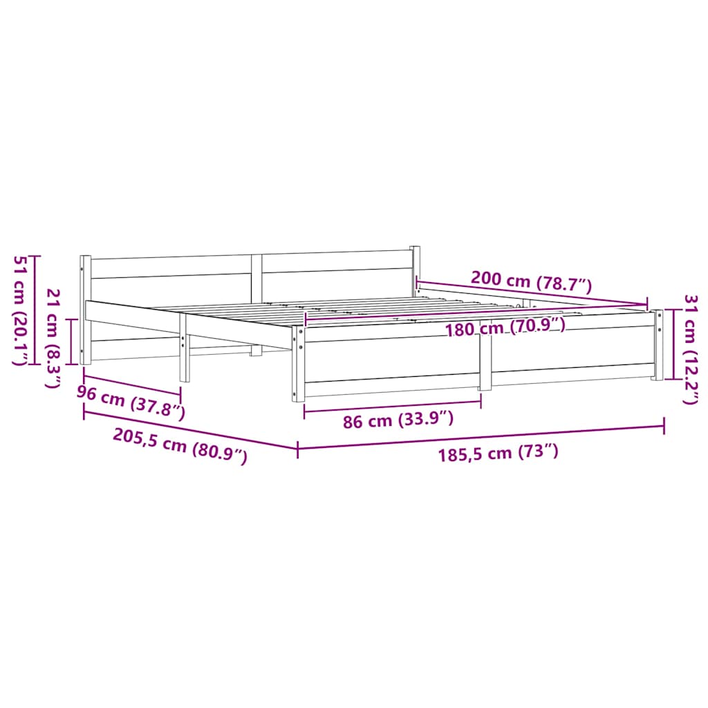 Cadre de lit Brun cire 205,5 x 185,5 x 51 cm Pin massif - XIOS