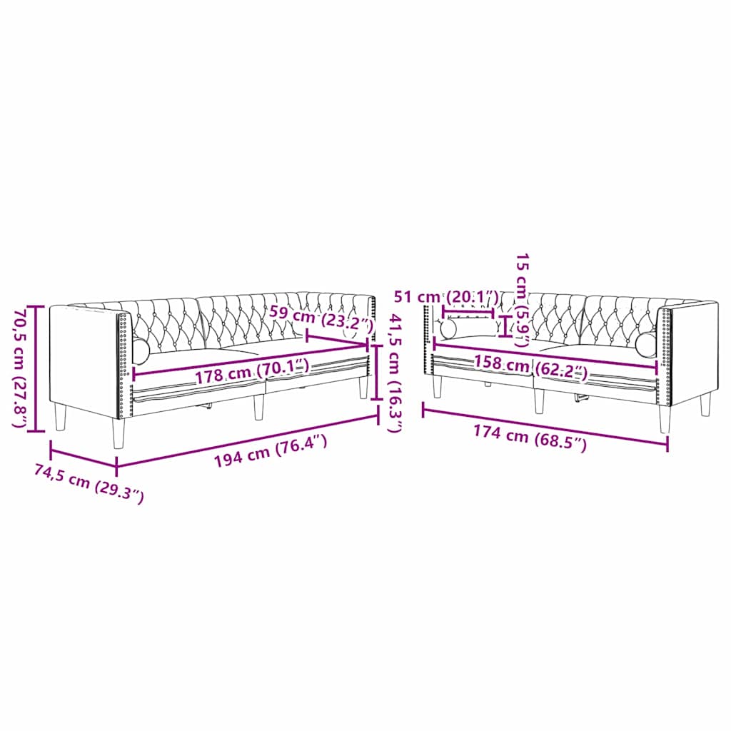 Canapé de salon 2 pcs Gris foncé 194 x 74,5 x 70,5 cm Velours - XIOS
