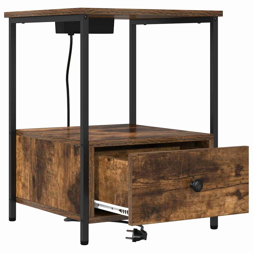 Table de nuit avec station de chargement avec tiroir Chêne fumé