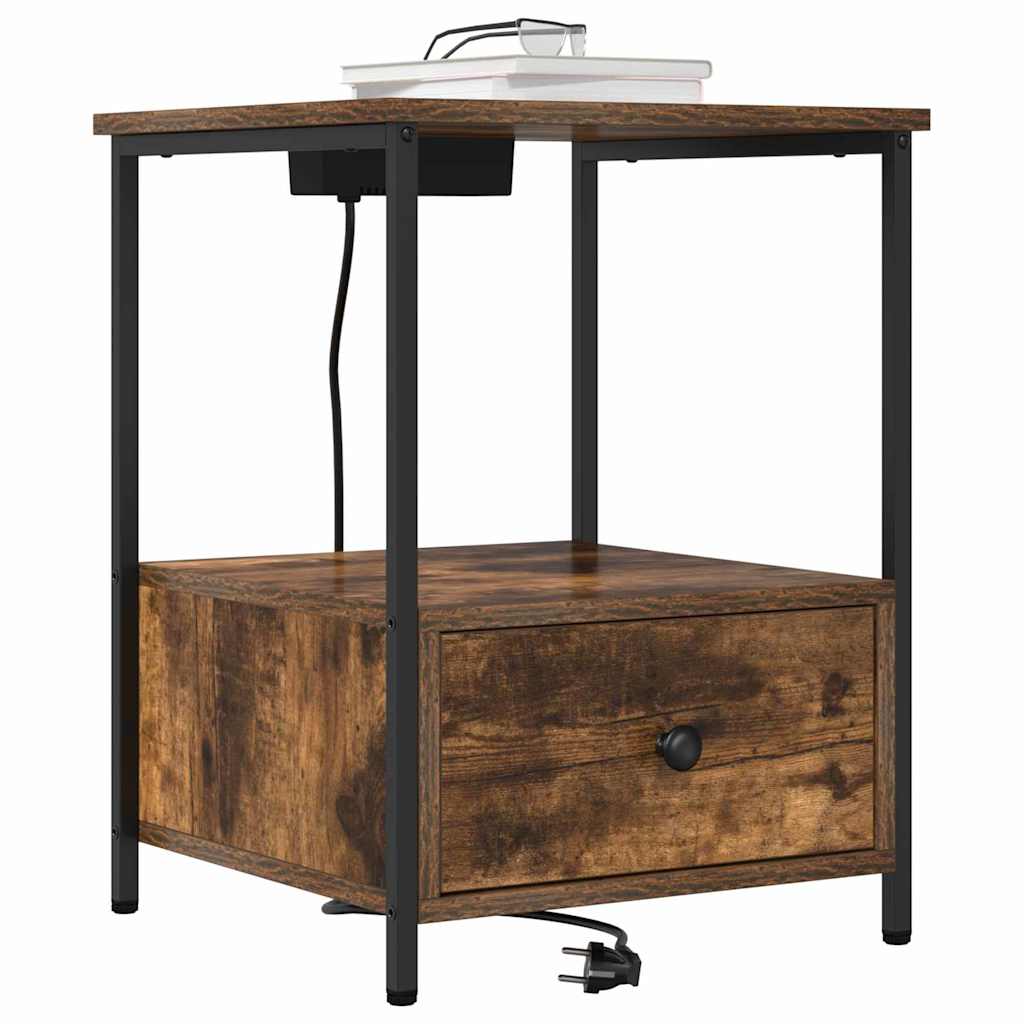 Table de nuit avec station de chargement avec tiroir Chêne fumé