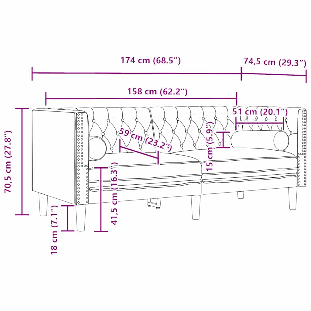 Canapé Chesterfield Autre Noir 174 x 74.5 x 70.5 cm Velours - XIOS
