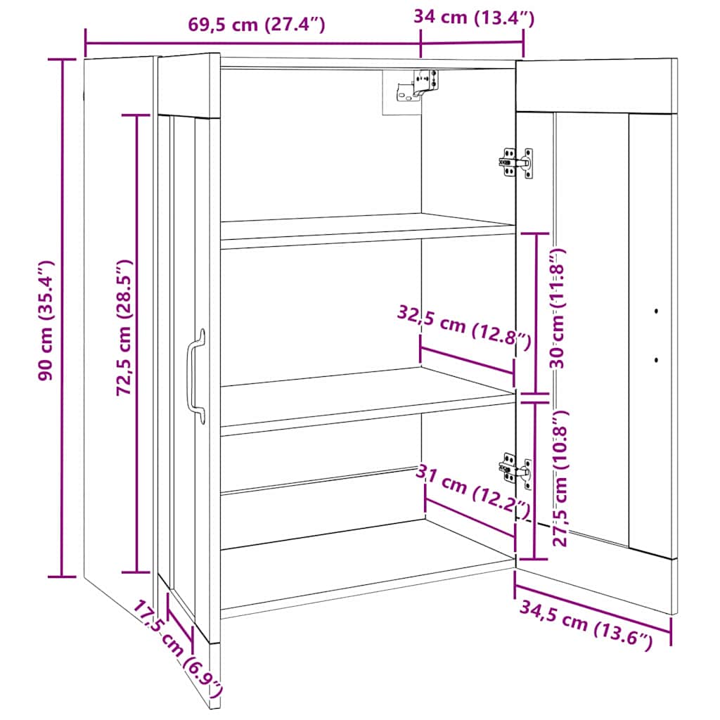 Armoire murale suspendue Montage mural Marron 69,5 x 34 x 90 cm - XIOS
