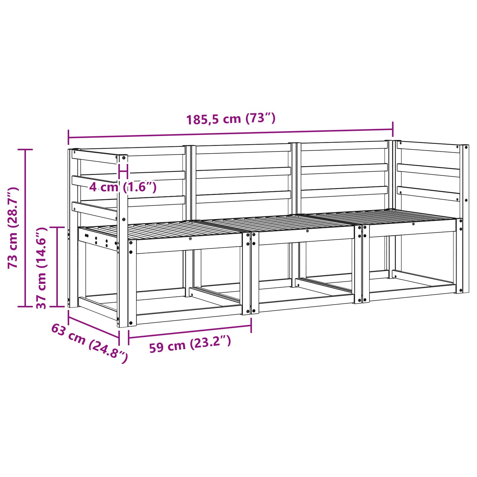 Ensemble de canapés d'extérieur 3 pcs Blanc 185,5 x 63 x 73 cm