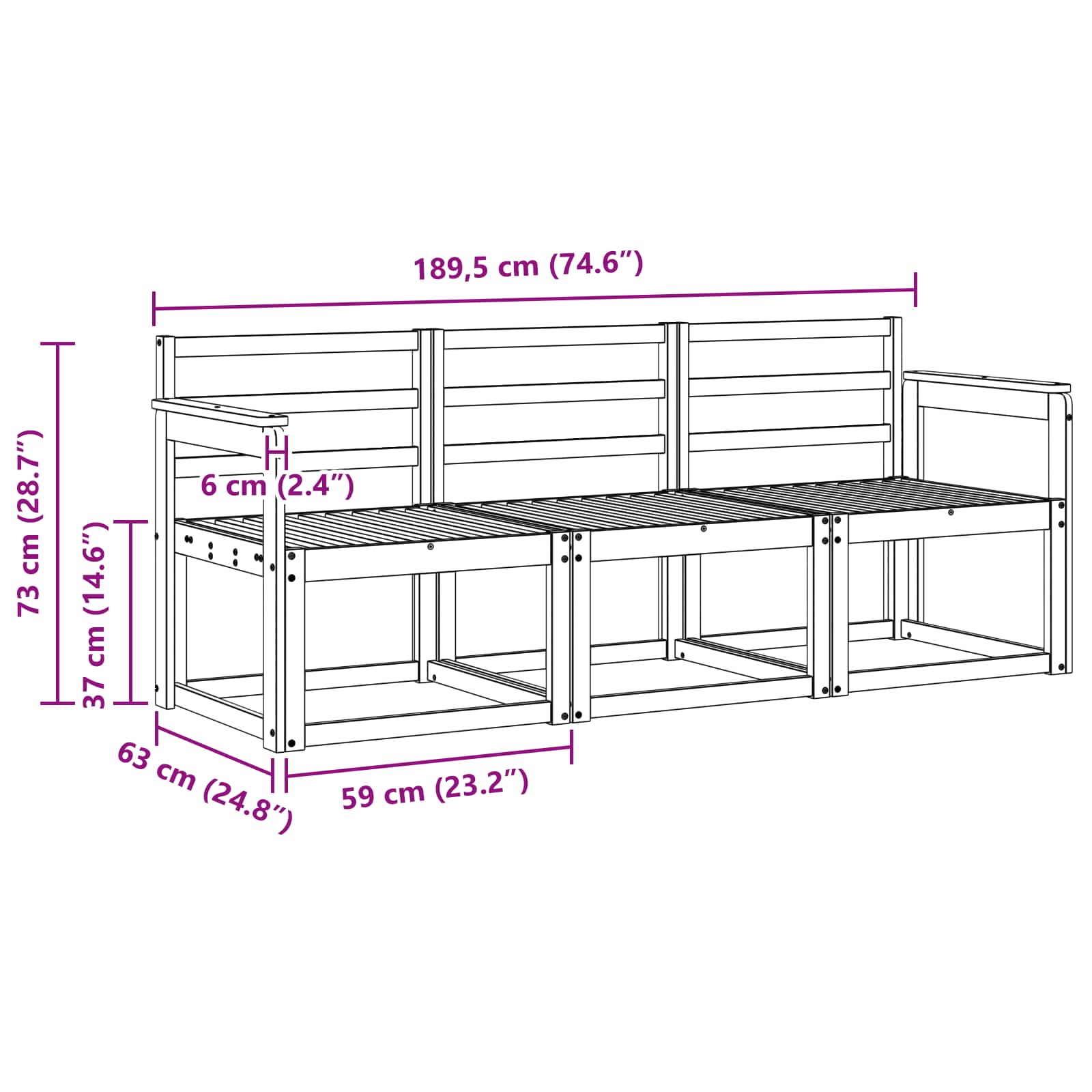 Ensemble de canapés d'extérieur 3 pcs Blanc 189,5 x 63 x 73 cm