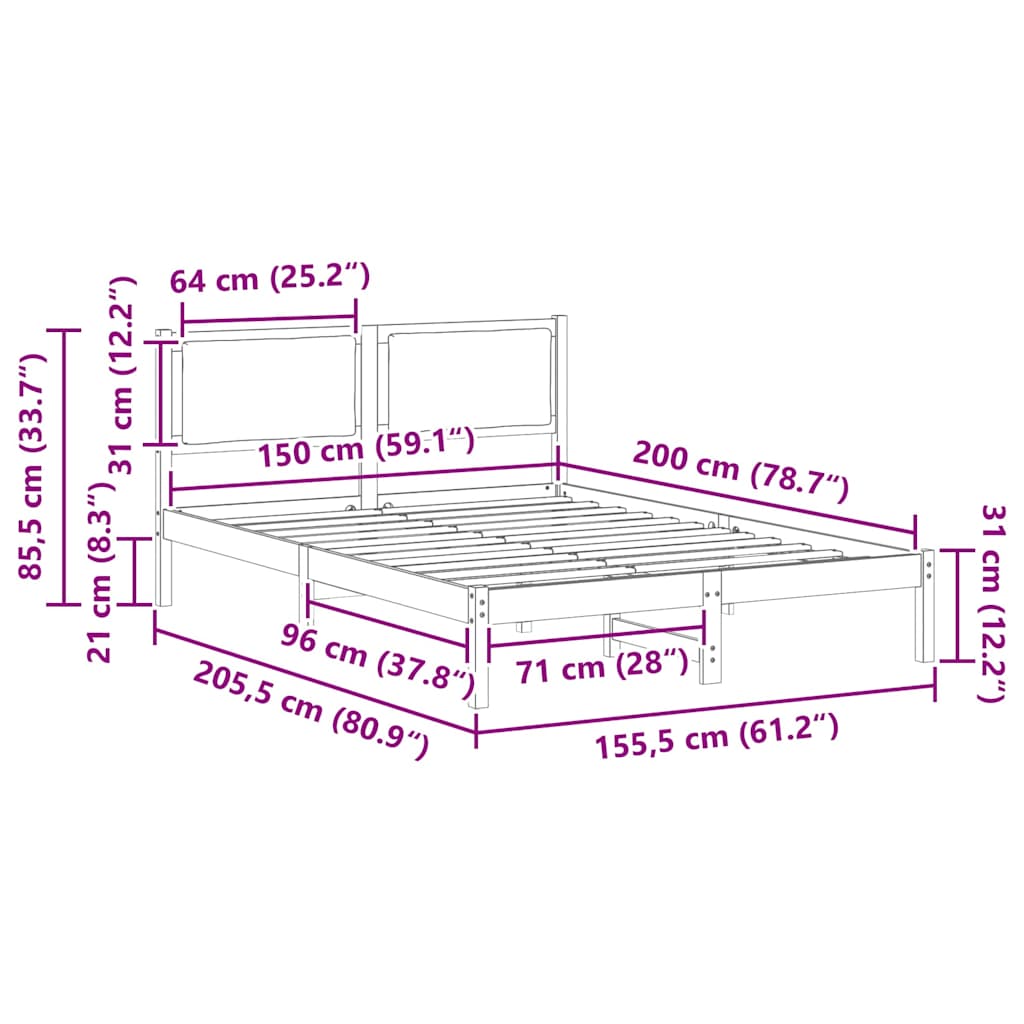 Cadre de lit avec tête de lit Taupe 150 x 200 cm Pin massif - XIOS