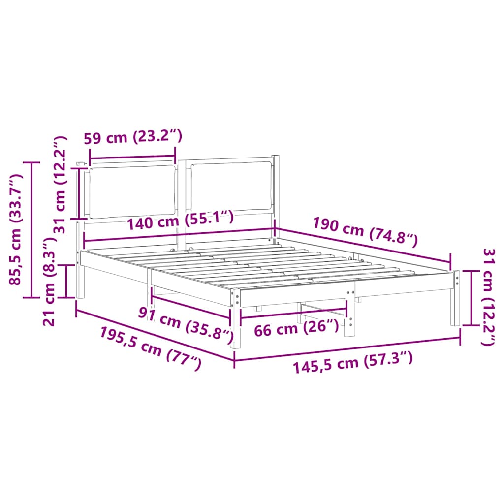 Cadre de lit avec tête de lit Taupe 140 x 190 cm Pin massif - XIOS