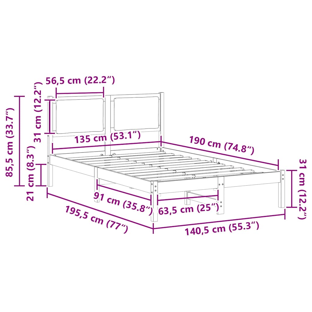 Cadre de lit avec tête de lit Noir 135 x 190 cm Pin massif - XIOS