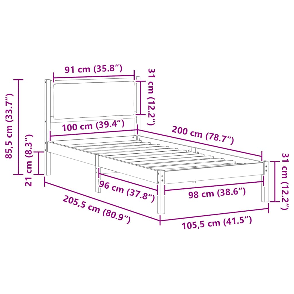 Cadre de lit Gris foncé 100 x 200 cm Pin massif - XIOS