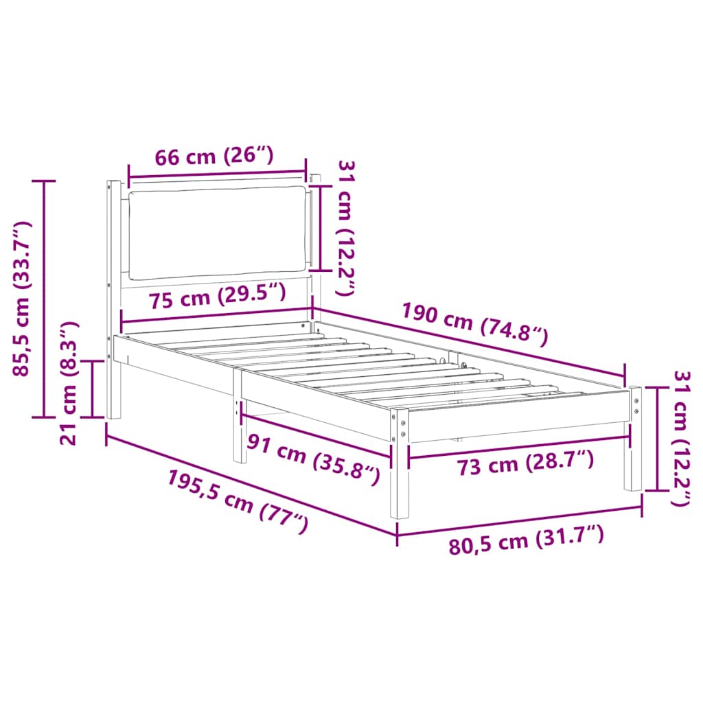 Cadre de lit avec tête de lit Gris foncé 80 x 190 cm Pin massif - XIOS