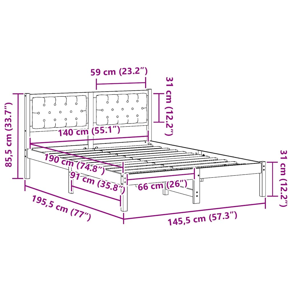 Cadre de lit avec tête de lit Noir 140 x 190 cm Pin massif - XIOS