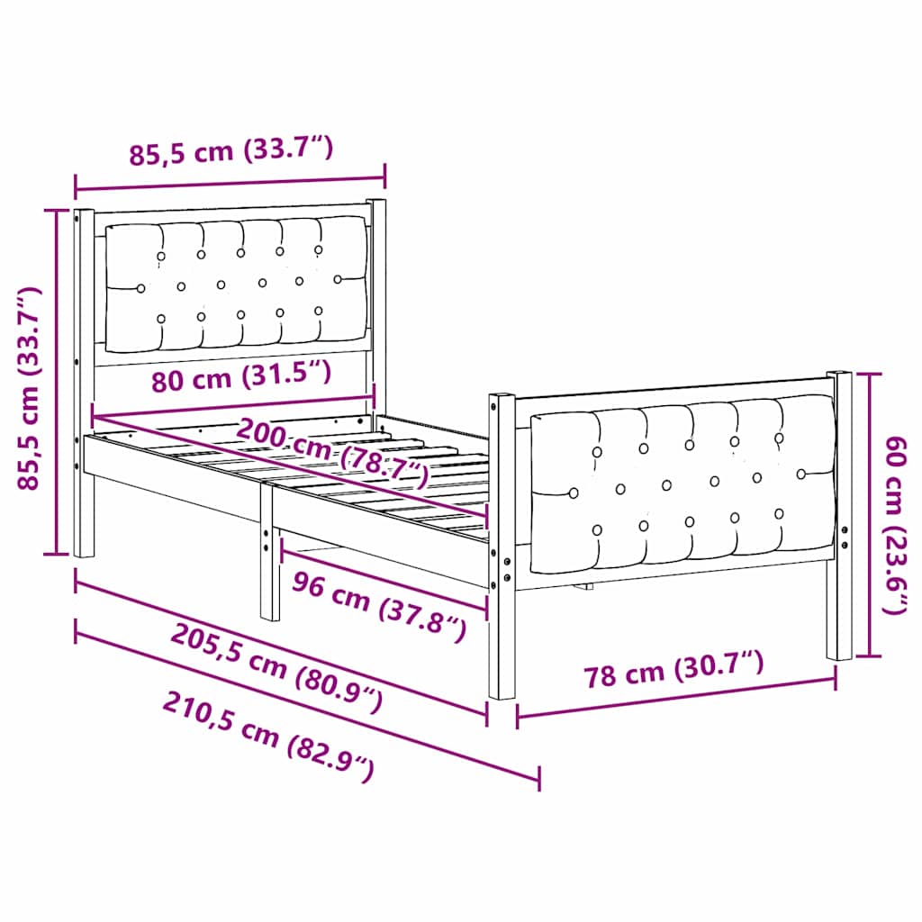 Cadre de lit avec tête de lit Gris foncé 80 x 200 cm Pin massif - XIOS
