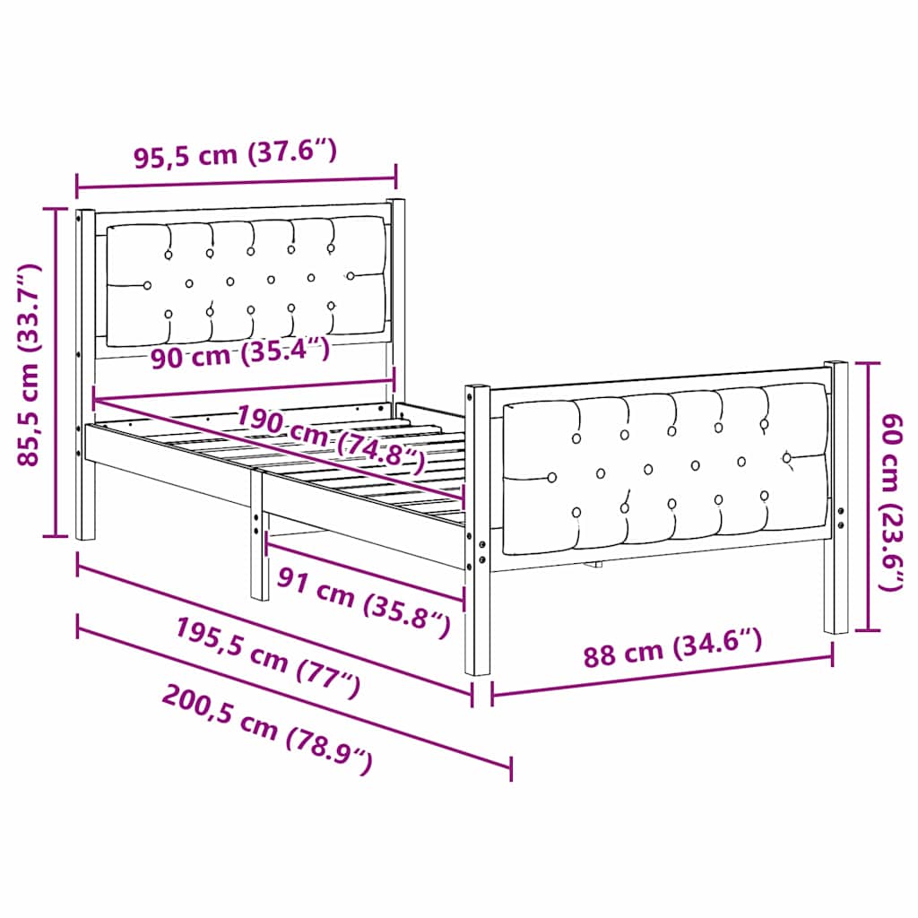 Cadre de lit avec tête de lit Gris clair 90 x 190 cm Pin massif - XIOS