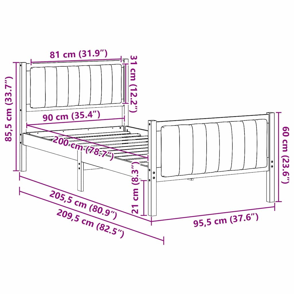 Cadre de lit Marron et taupe 90 x 200 cm Bois massif en pin - XIOS
