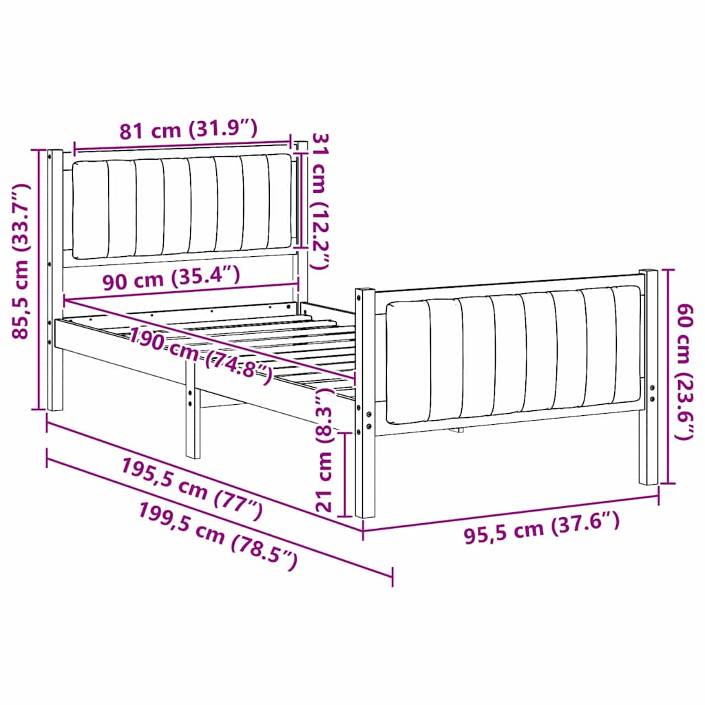 Cadre de lit Marron et noir 90 x 190 cm Bois massif en pin - XIOS