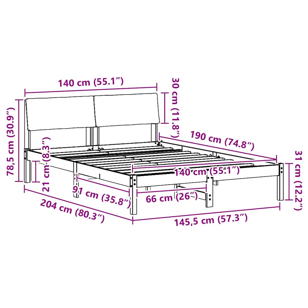 Cadre de lit Marron et noir 140 x 190 cm Bois massif en pin - XIOS