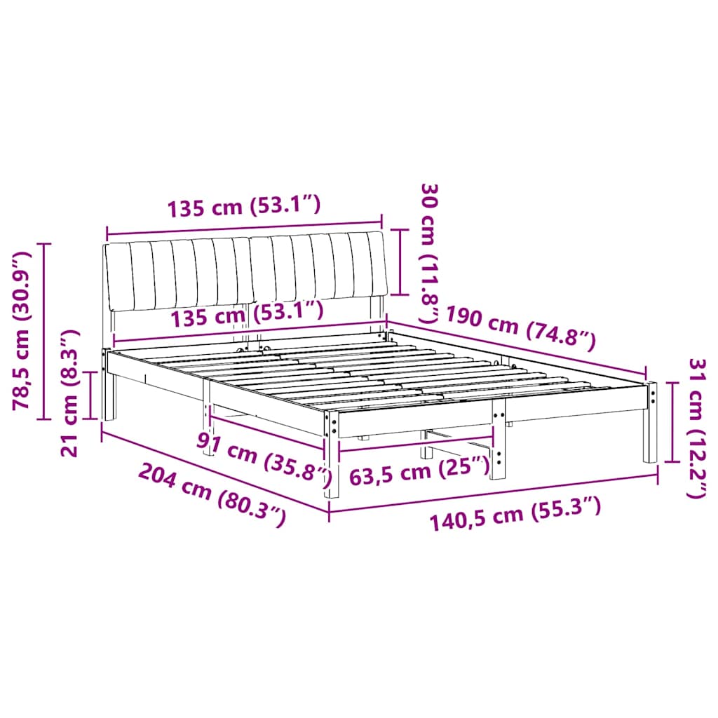 Cadre de lit Marron et taupe 135 x 190 cm Bois massif en pin - XIOS
