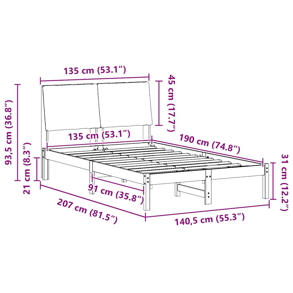 Cadre de lit Marron et noir 135 x 190 cm Bois massif en pin - XIOS