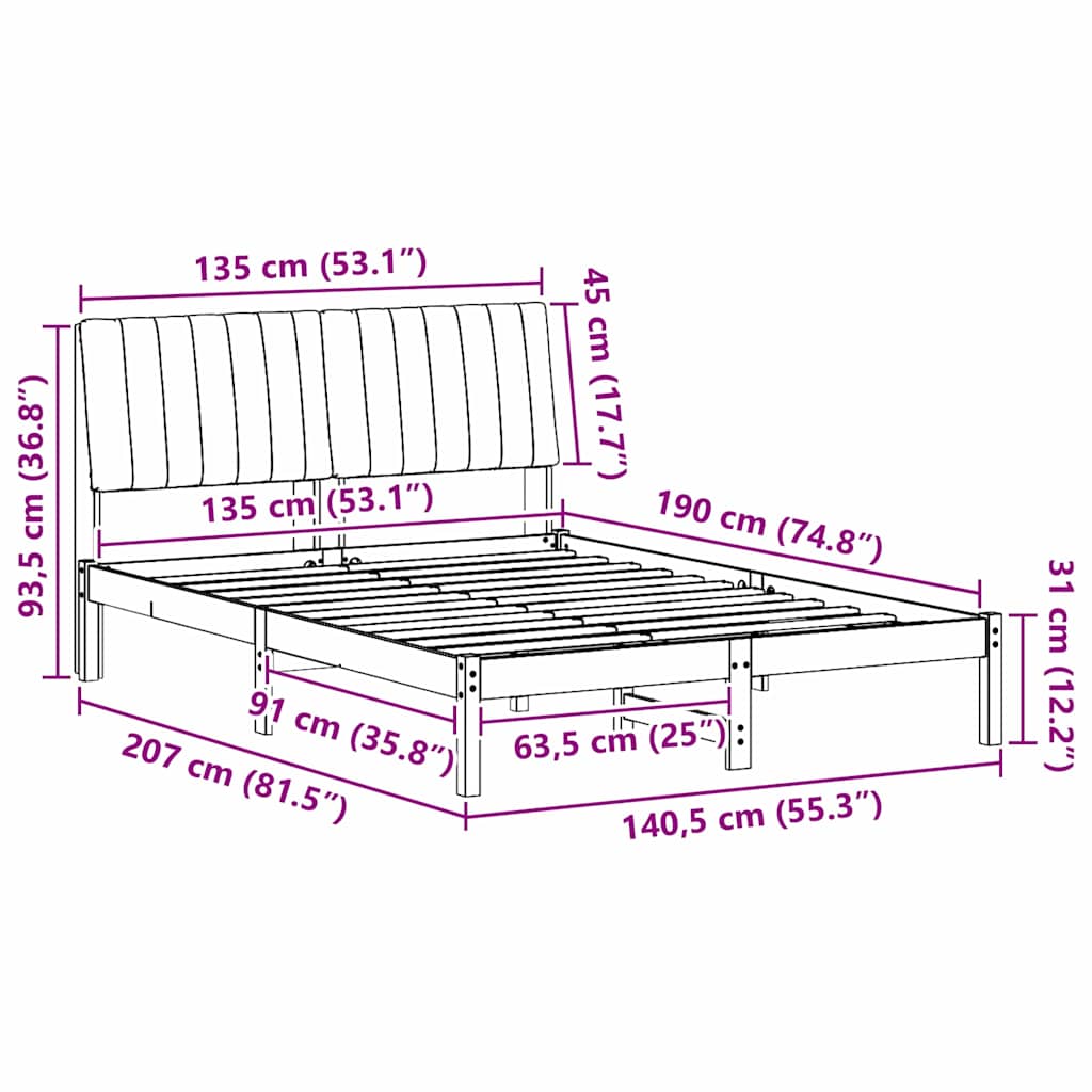 Cadre de lit avec tête de lit Marron 135 x 190 cm Pin massif - XIOS