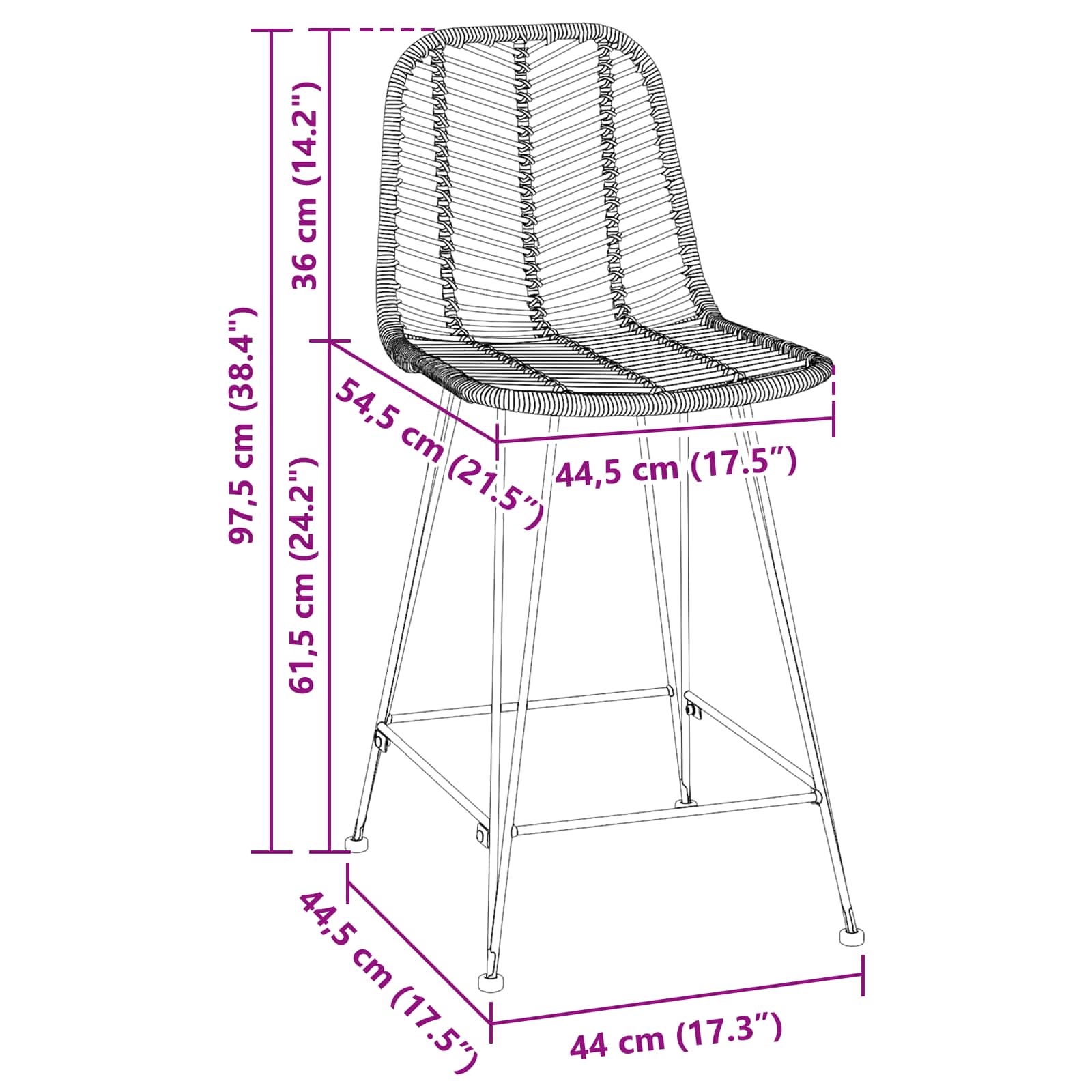 Chaise de bar 2 pc Noir 44,5 x 54,5 x 97,5 cm Rotin et métal
