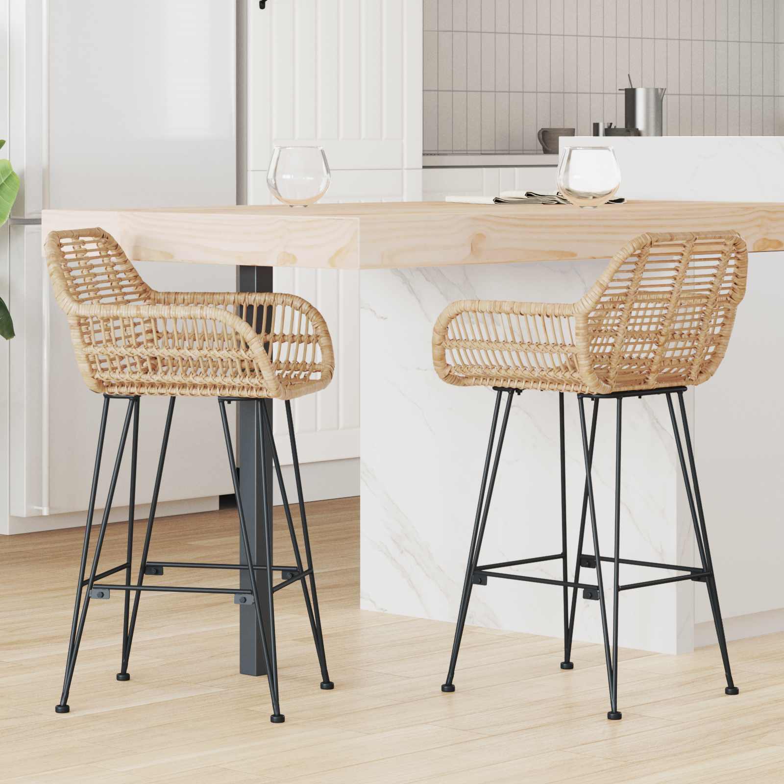 Chaise de bar 2 pc Naturel 55 x 52 x 92 cm Rotin et métal
