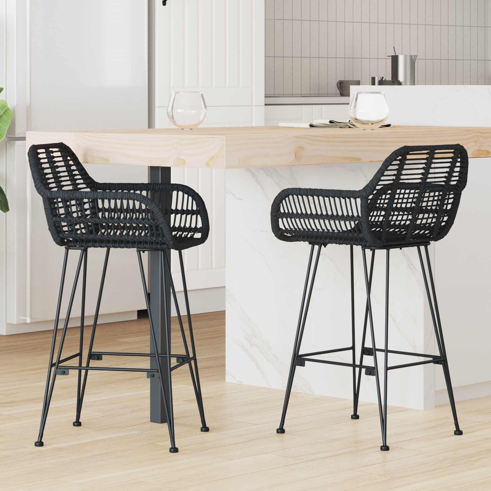 Chaise de bar 2 pc Noir 55 x 52 x 92 cm Rotin et métal
