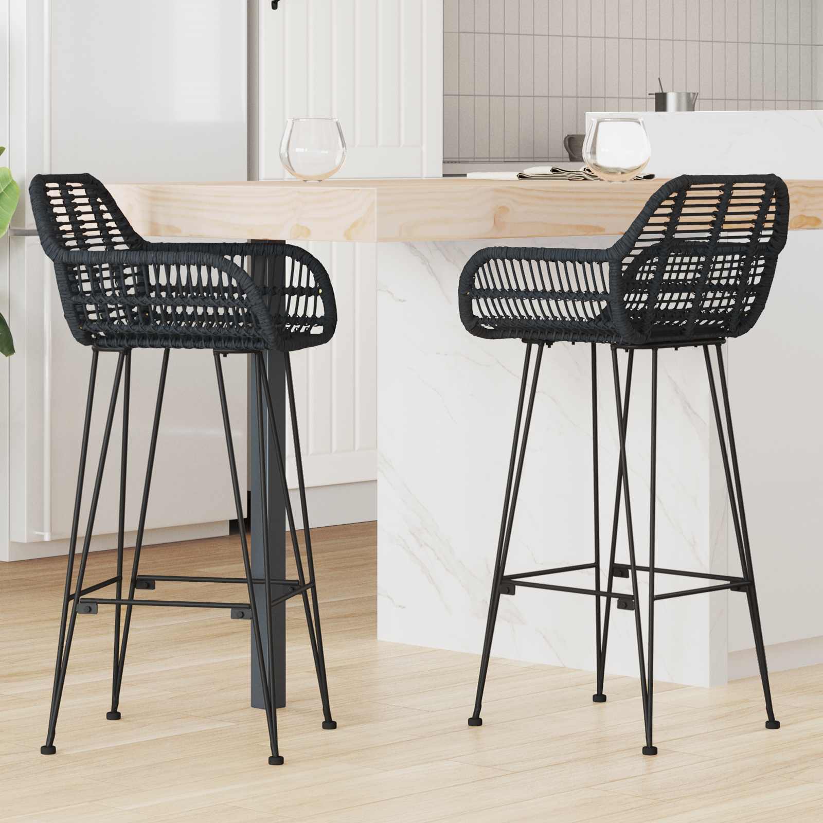 Chaise de bar 2 pc Noir 55 x 52 x 105 cm Rotin et métal