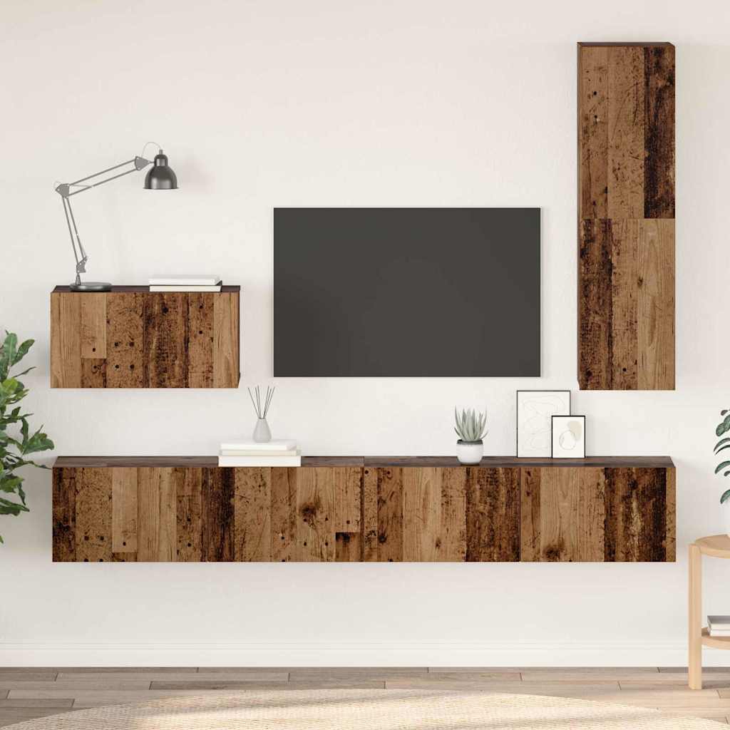 Meuble TV mural 4 pc Bois Ancien Bois d'ingénierie