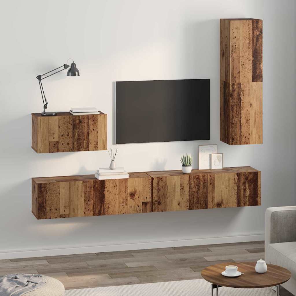 Meuble TV mural 4 pc Bois Ancien Bois d'ingénierie