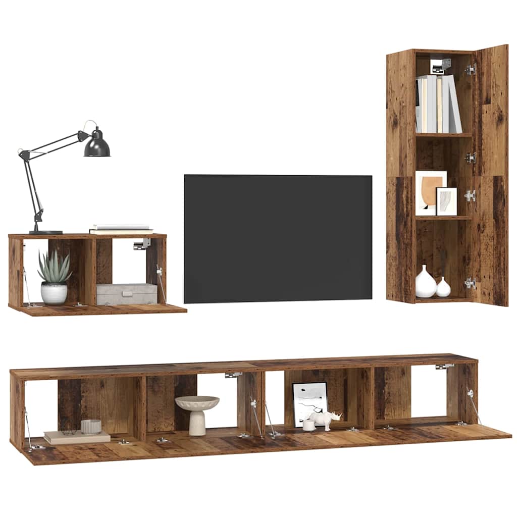 Meuble TV mural 4 pc Bois Ancien Bois d'ingénierie