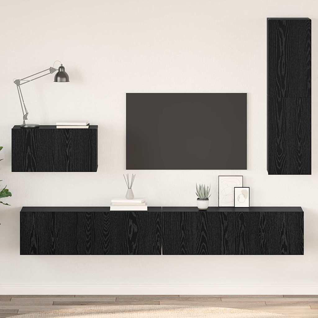 Meuble TV mural 4 pc Chêne noir Bois d'ingénierie