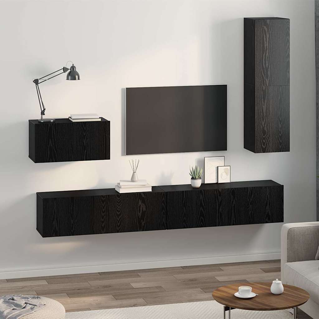 Meuble TV mural 4 pc Chêne noir Bois d'ingénierie