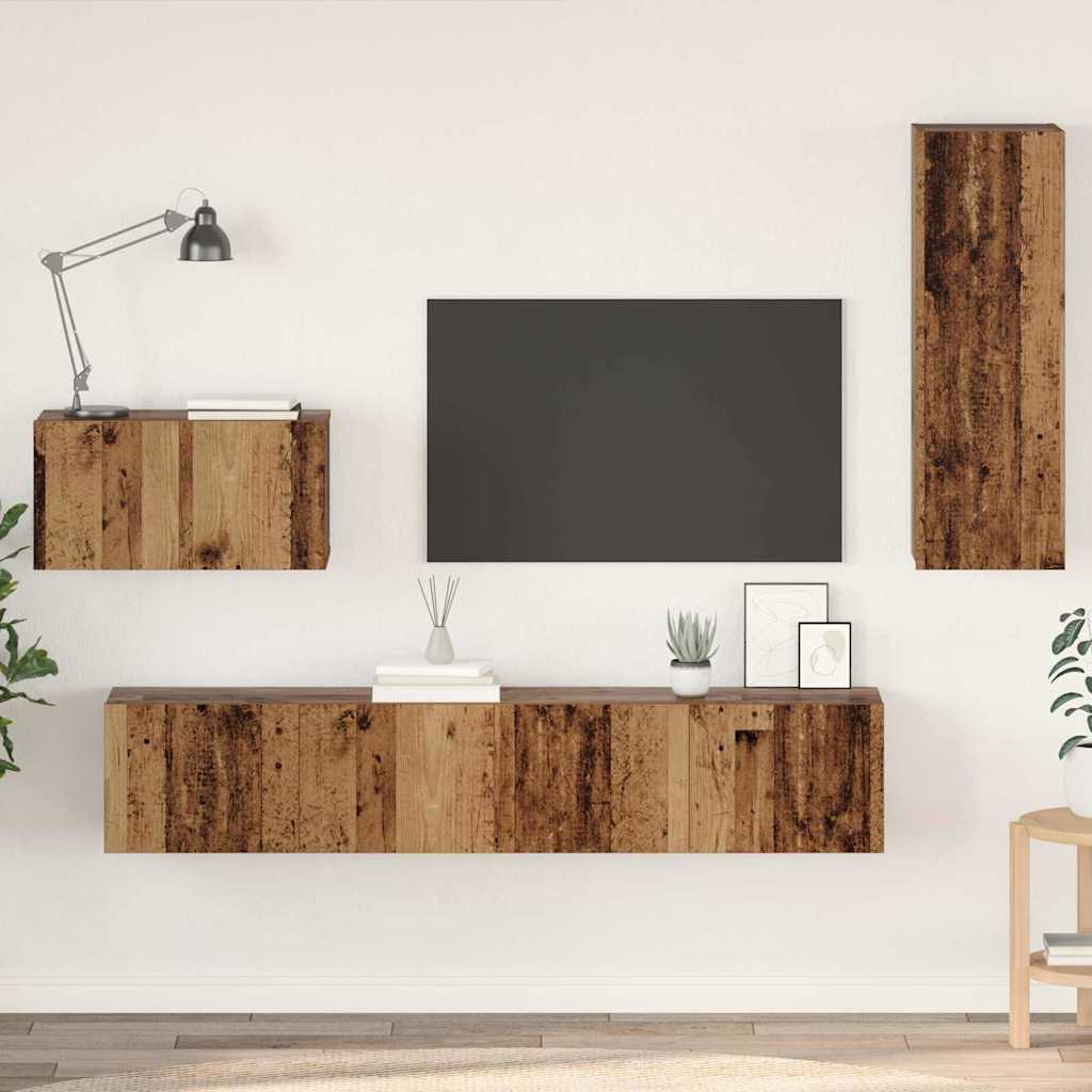 Meuble TV mural 4 pc Bois Ancien Bois d'ingénierie