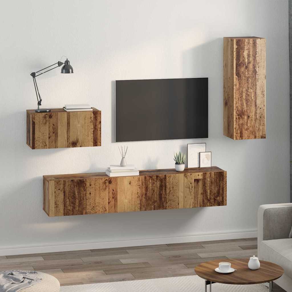 Meuble TV mural 4 pc Bois Ancien Bois d'ingénierie