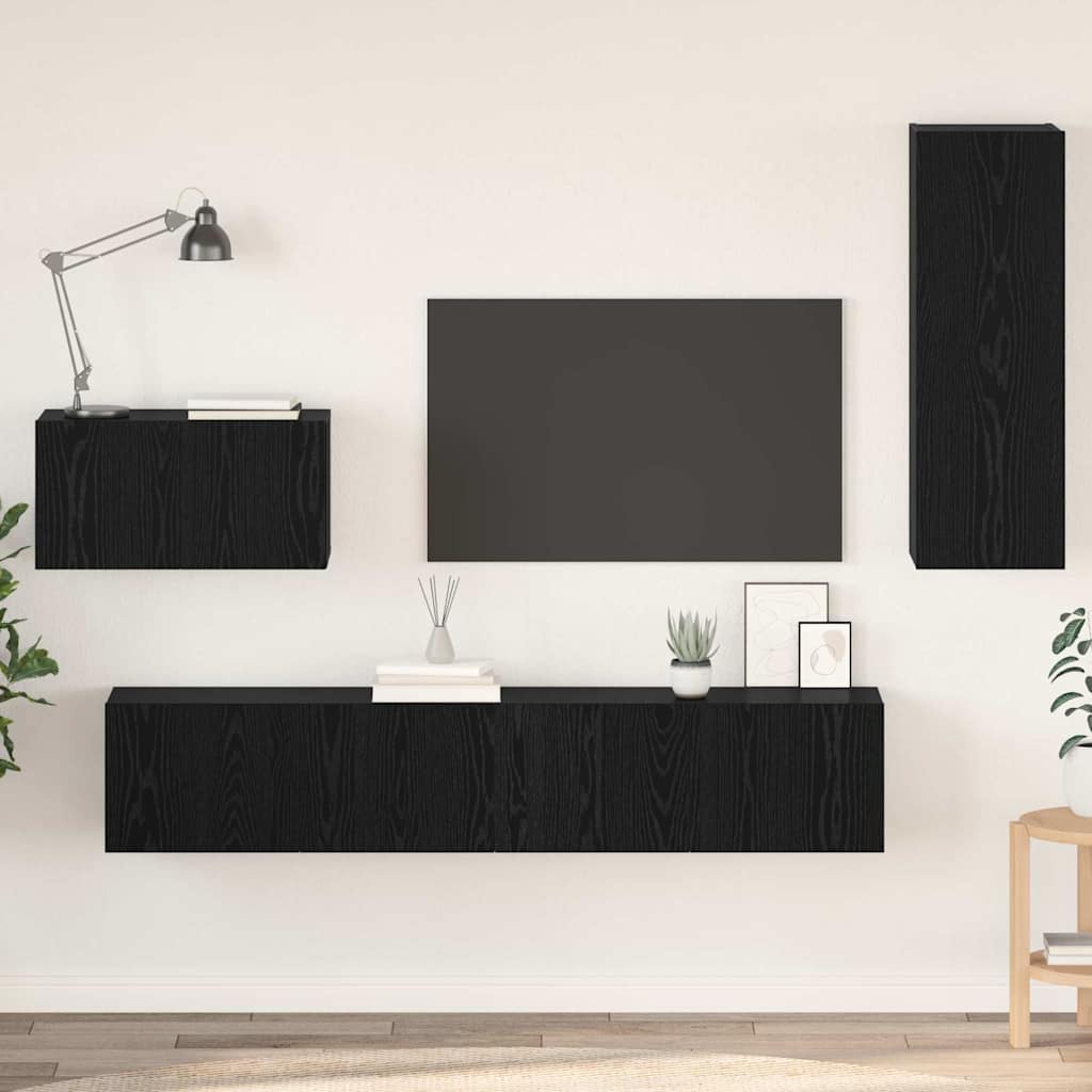 Meuble TV mural 4 pc Chêne noir Bois d'ingénierie