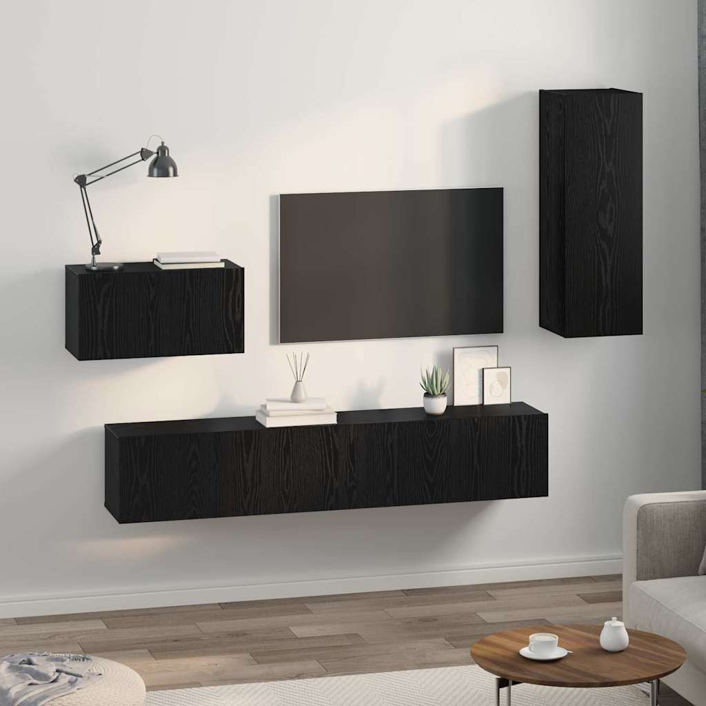 Meuble TV mural 4 pc Chêne noir Bois d'ingénierie