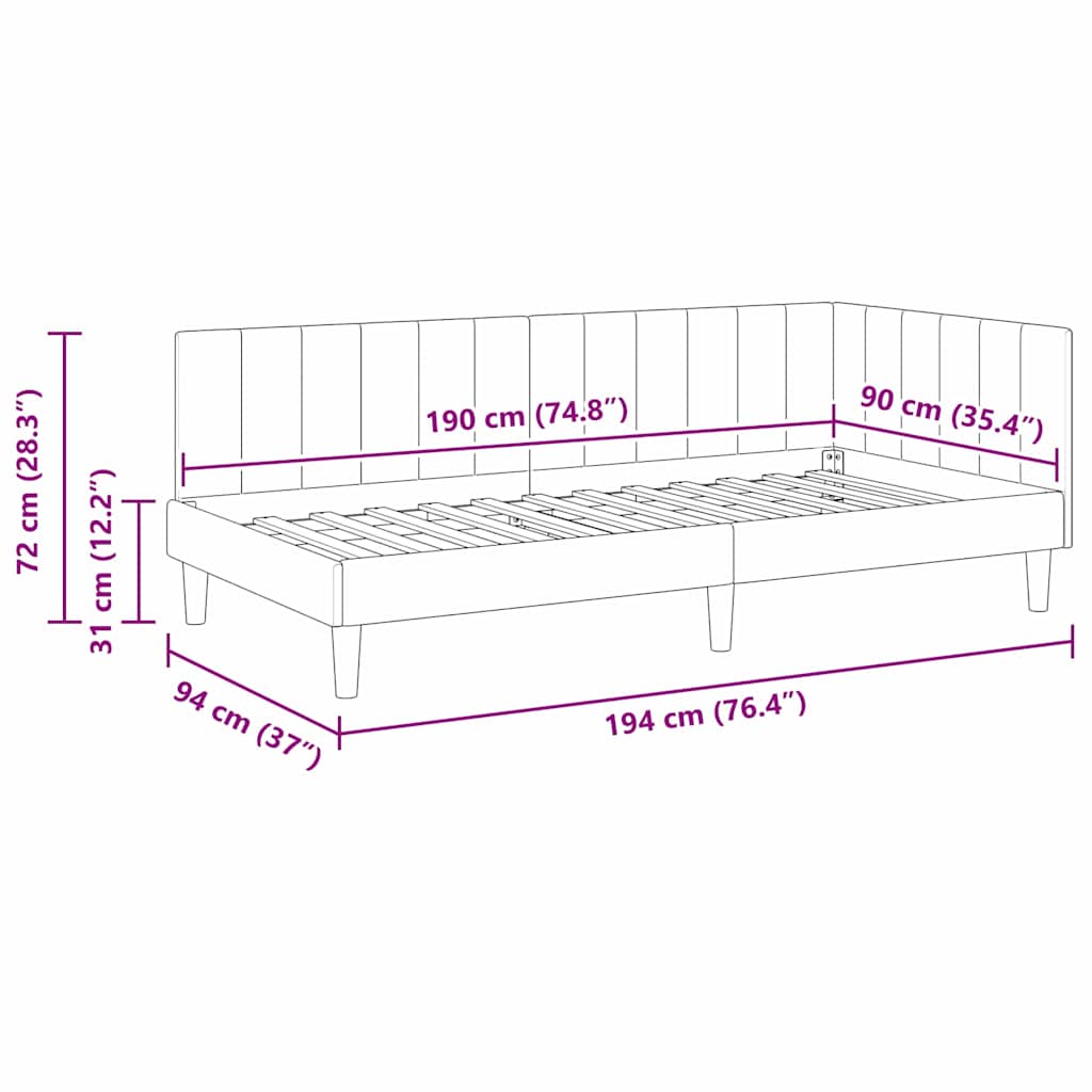 Cadre de lit d'angle Rose 90 cm x 190 cm Velours