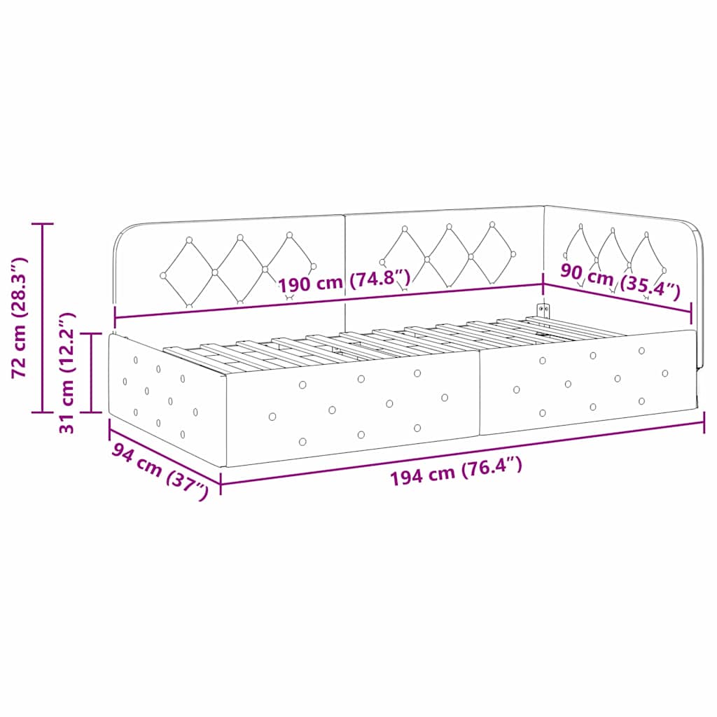 Cadre de lit d'angle Gris foncé 90 x 190 cm tissu - XIOS