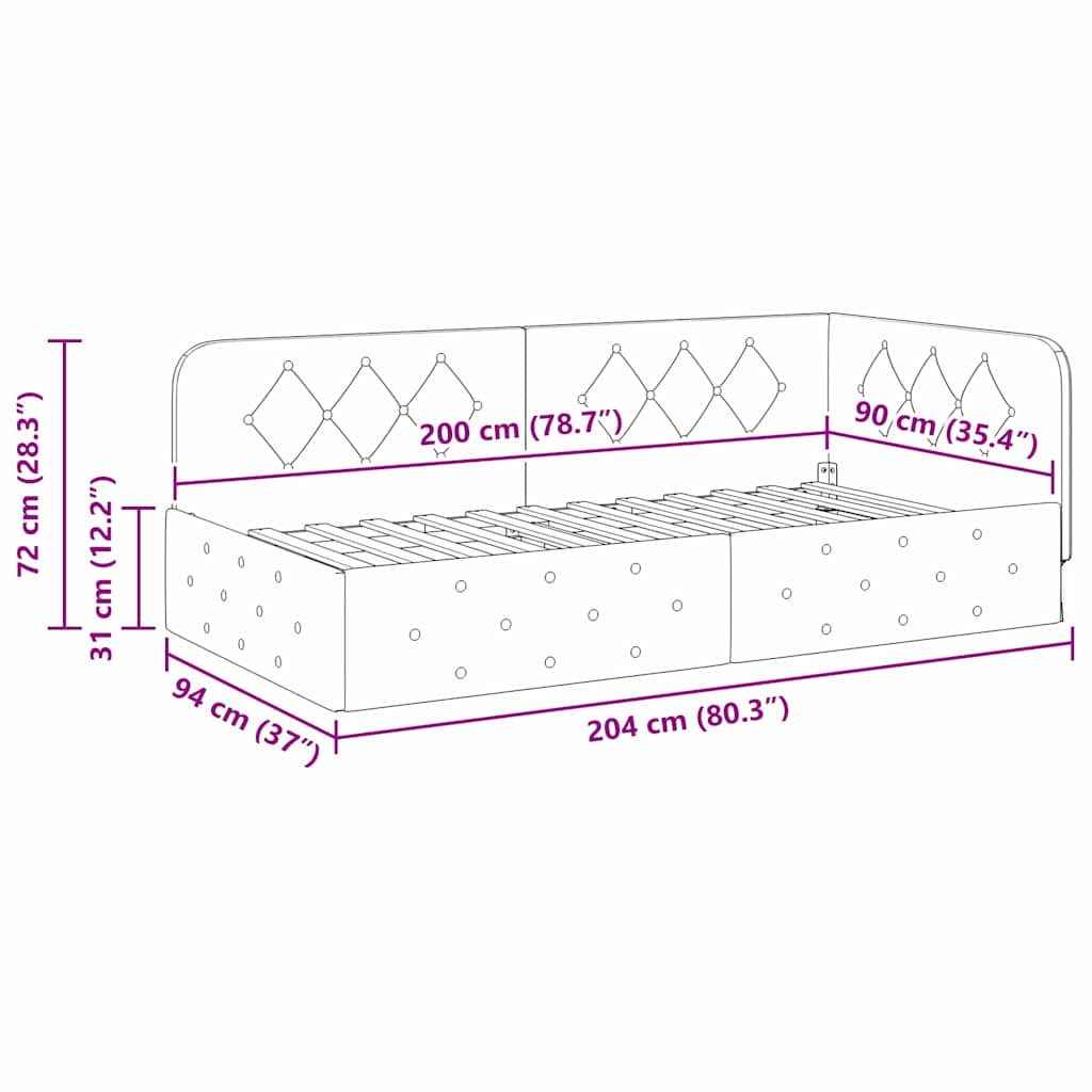 Cadre de lit d'angle Gris foncé 90 x 200 cm tissu - XIOS