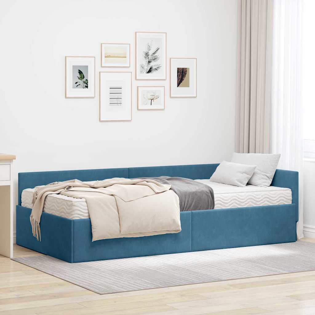 Cadre de lit d'angle avec matelas Autre 2 pc Bleu Velours