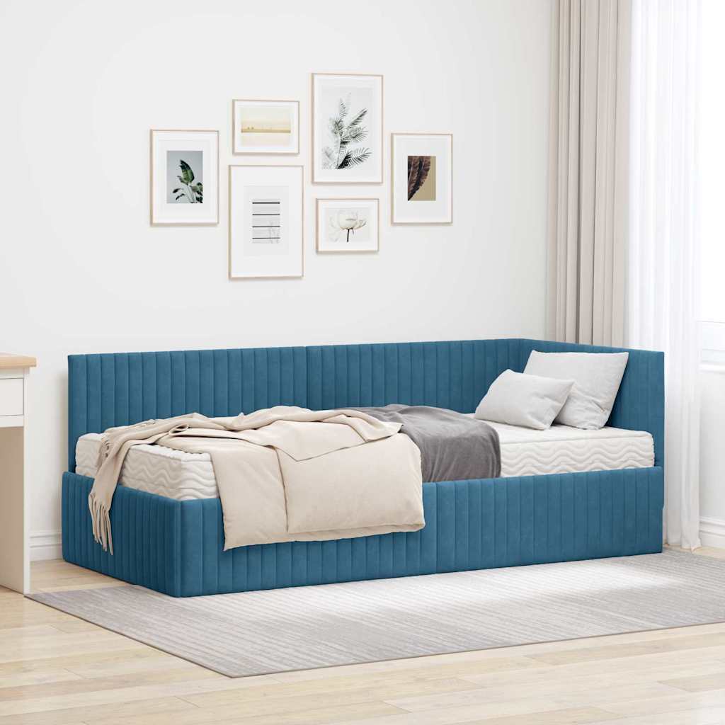 Cadre de lit d'angle avec matelas 2 pc Bleu Velours