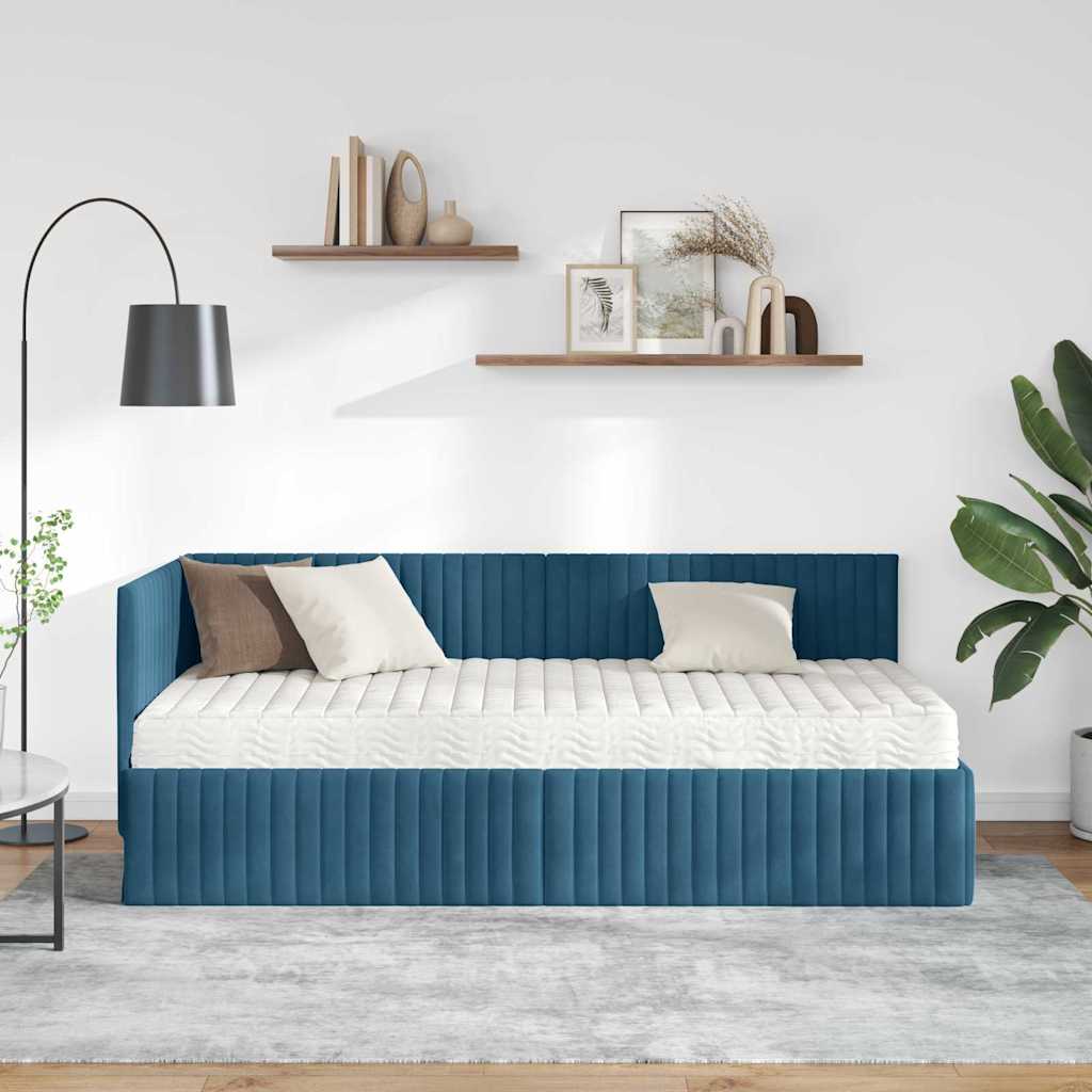Cadre de lit d'angle avec matelas 2 pc Bleu Velours