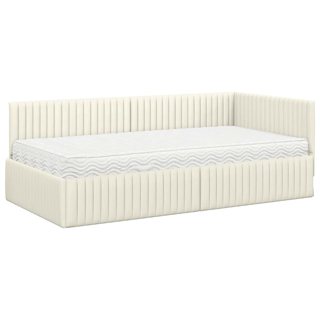 Cadre de lit d'angle avec matelas 2 pcs Crème Velours
